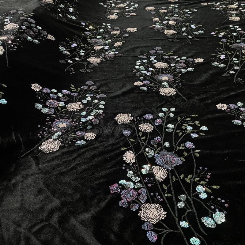 Velvet-Base Botanical Multicolor Sequin Embroidery Fabric, 49"Wide