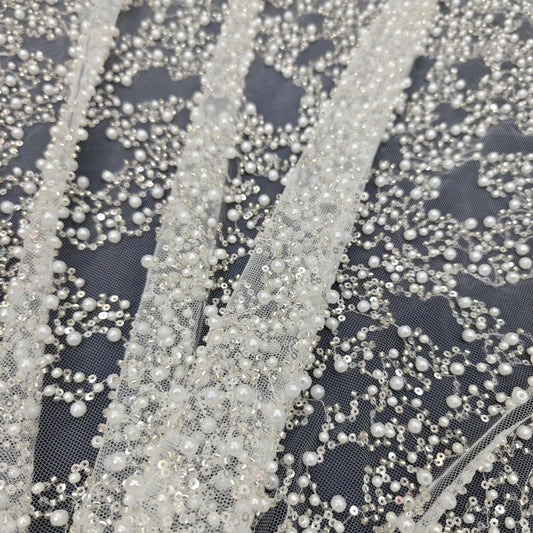 Dentelle française perlée : Tissu pour robe de mariée - 127 cm de large