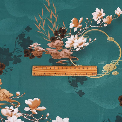 Teal Lotus Tea Silk Satin Fabric: Digital Print Sewing Material (59"W)