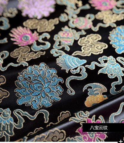 Black Brocade Jacquard Fabric: Gold Peony Floral Cloud - Oriental Dressmaking, Upholstery