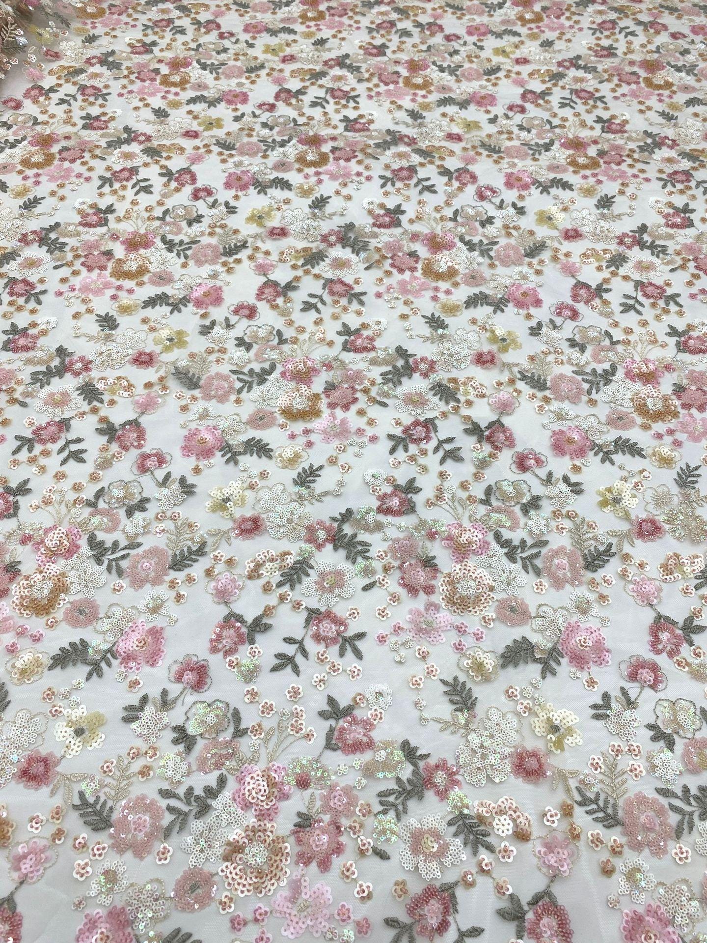 Floral Sequin Embroidered Mesh Lace Fabric, Pink Girly Dress, 49"W