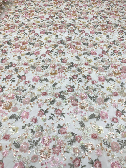 Floral Sequin Embroidered Mesh Lace Fabric, Pink Girly Dress, 49"W