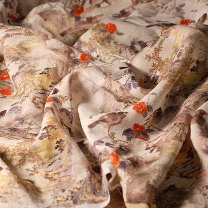 Tissu ramie style vintage : imprimé floral, textile d'intérieur doux, 140 cm de large
