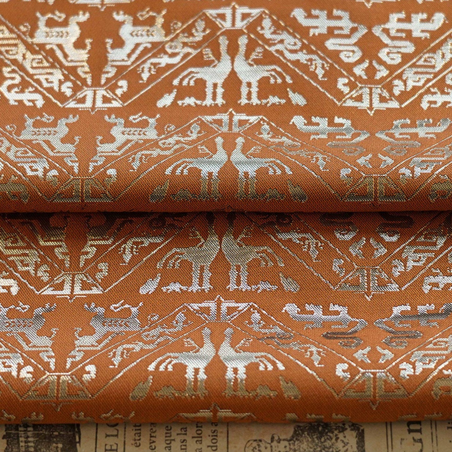 Gold Weaving Jacquard Fabric: Ethnic Upholstery, Sewing, Costume - 59"W
