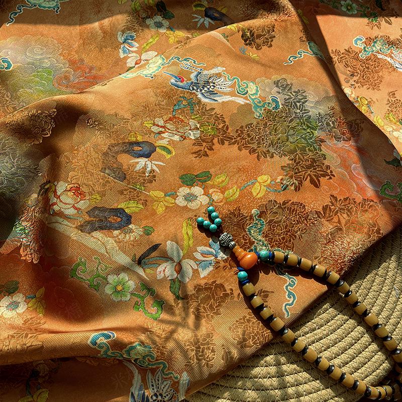 Gold Brown Crane Pattern Xiangyunsha Fabric, Luxury Rayon Silk Damask, Traditional Jacquard Fabric for Sewing, Cheongsam, DIY Fashion, 59"W