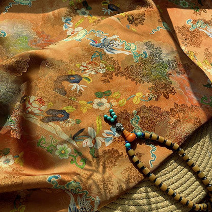 Gold Brown Crane Pattern Xiangyunsha Fabric, Luxury Rayon Silk Damask, Traditional Jacquard Fabric for Sewing, Cheongsam, DIY Fashion, 59"W