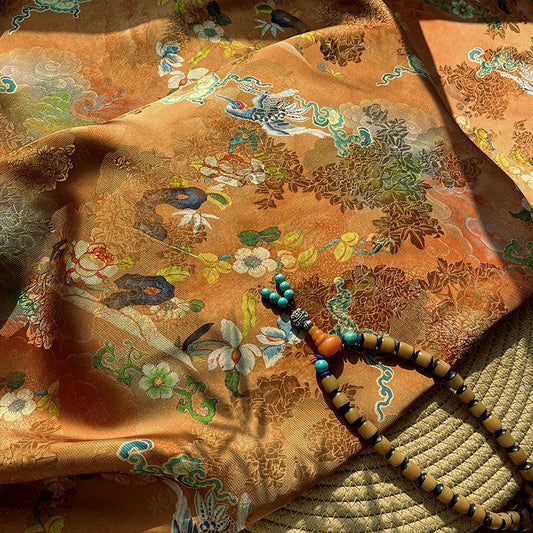 Tissu Xiangyunsha à motif de grues brun doré, damas de soie rayonne de luxe, tissu jacquard traditionnel pour la couture, cheongsam, mode DIY, 150 cm de large