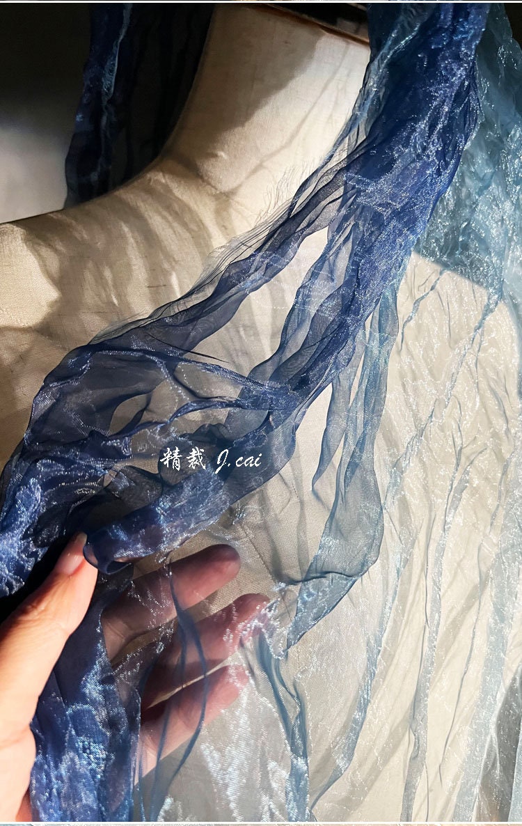 Blue Gradient Organza Fabric: Irregular Pleats, 55" Wide