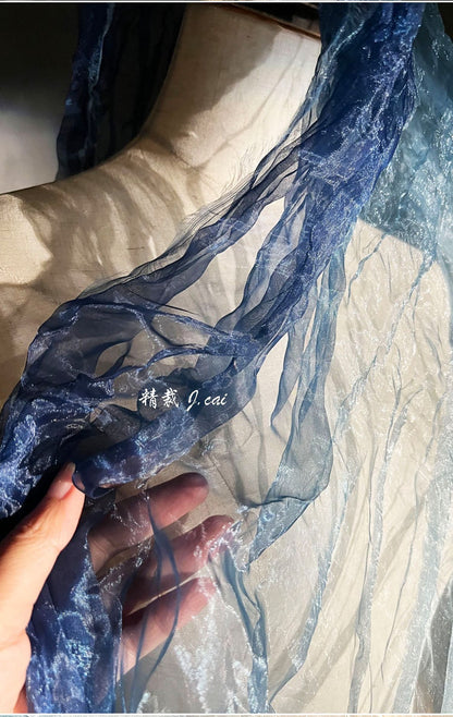 Blue Gradient Organza Fabric: Irregular Pleats, 55" Wide