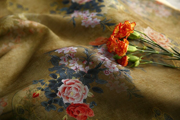 Peony Flower Print Ramie Fabric: Natural Fiber Sewing Material