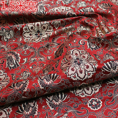 Tissu brocart à fleurs de lotus rouges : Coussin Cheongsam chinois, 150 cm de large