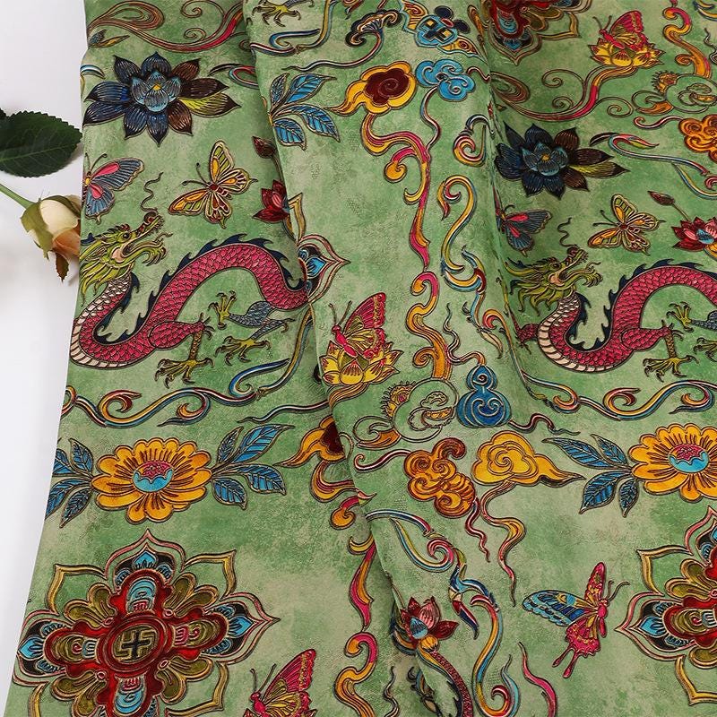 Floral Dragon Print Rayon Fabric - Gambiered Canton Gauze 59"