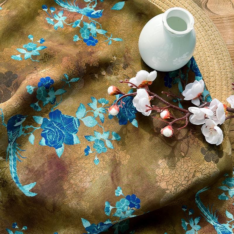 Floral Brocade Fabric ��� Blue Gold Rayon Silk Ble" Wide