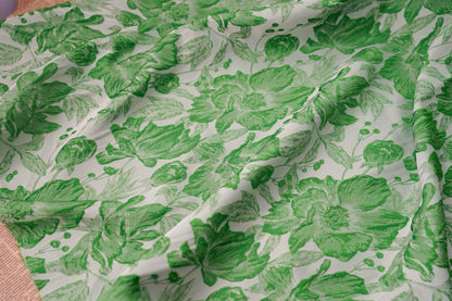 Tissu jacquard à motif de feuilles vertes : texture peinture à l’huile 3D, 135 cm de large