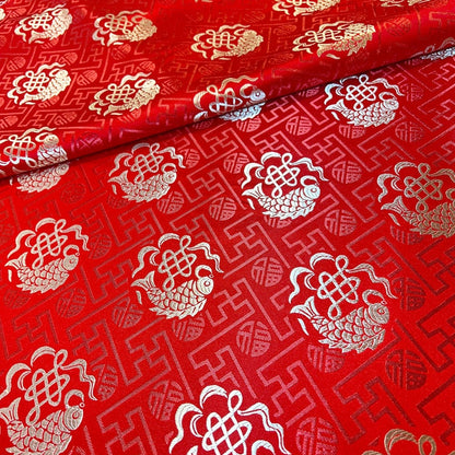 Tissu brocart de soie rouge « Poisson porte-bonheur » de Chine : largeur 150 cm, pour l’ameublement et la couture