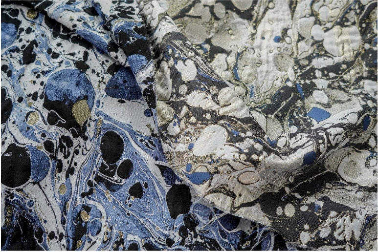 Blue Black Gold Splash Ink Jacquard Fabric: 59"W Upholstery