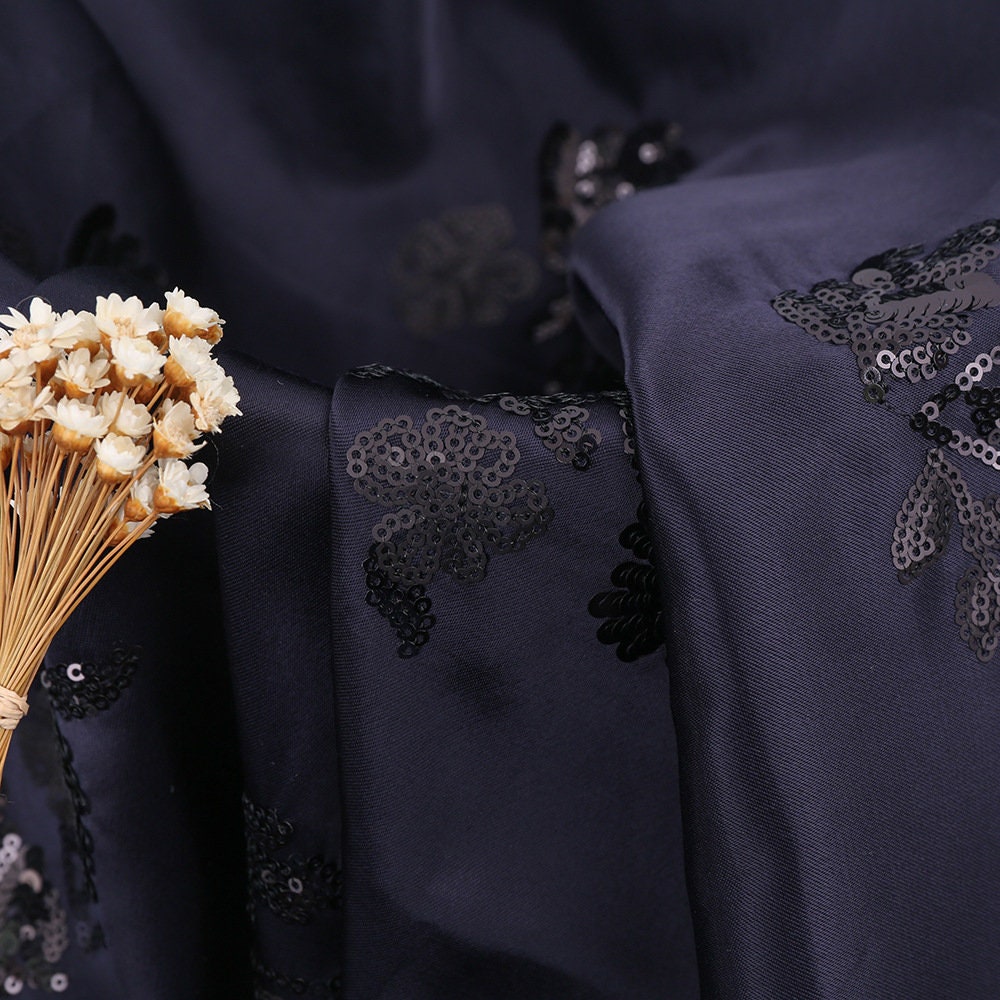 Embroidered Navy Satin Fabric: Floral Sequin Dress Material, 49�ï