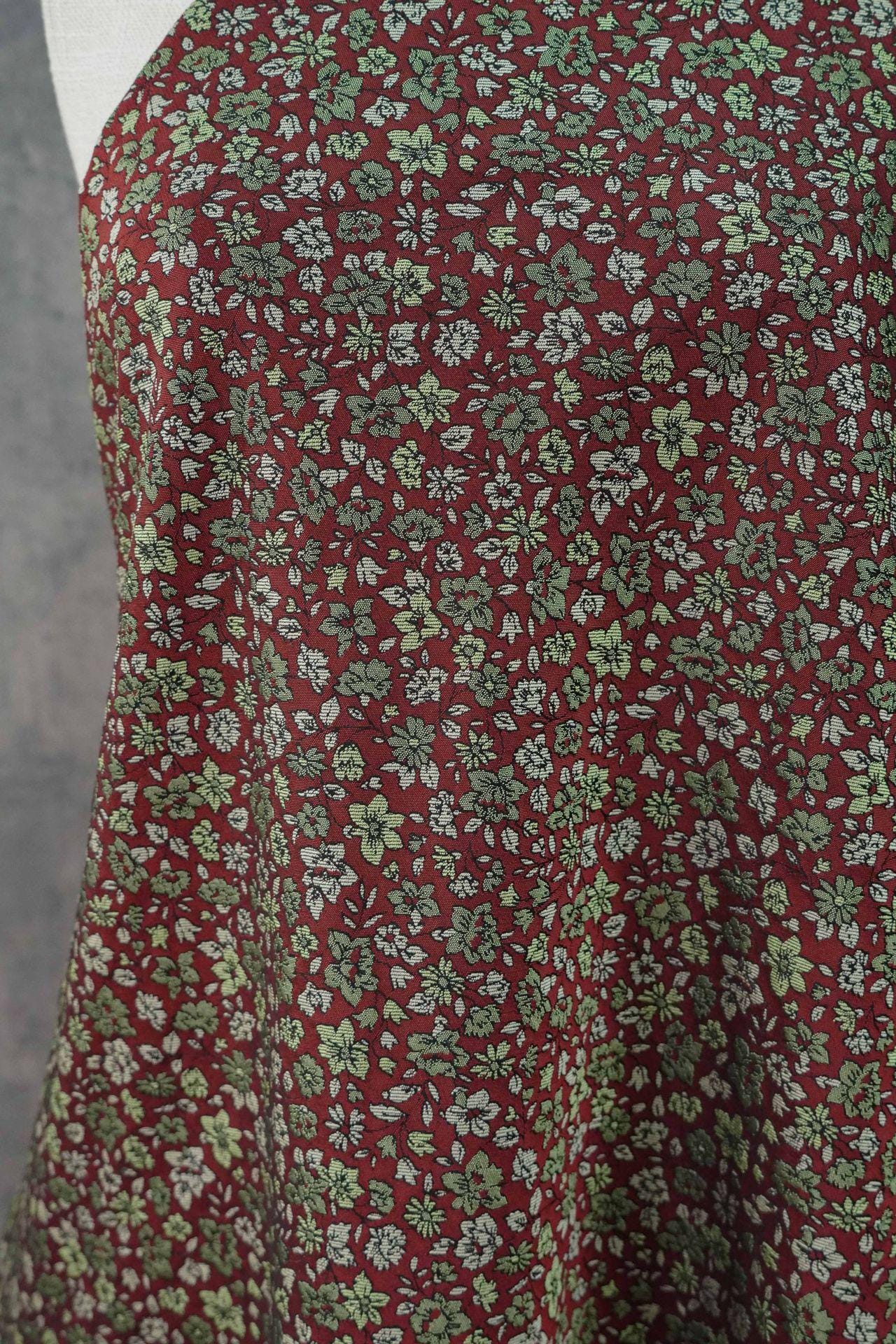 Red Mini Floral Jacquard Fabric: Countryside Style, 58" Wide