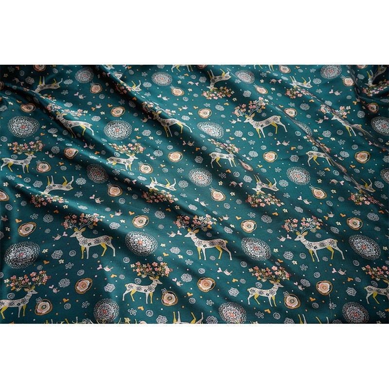 Dark Green Reindeer Damask Jacquard Fabric: 62"W Yarn-Dyed Polyester