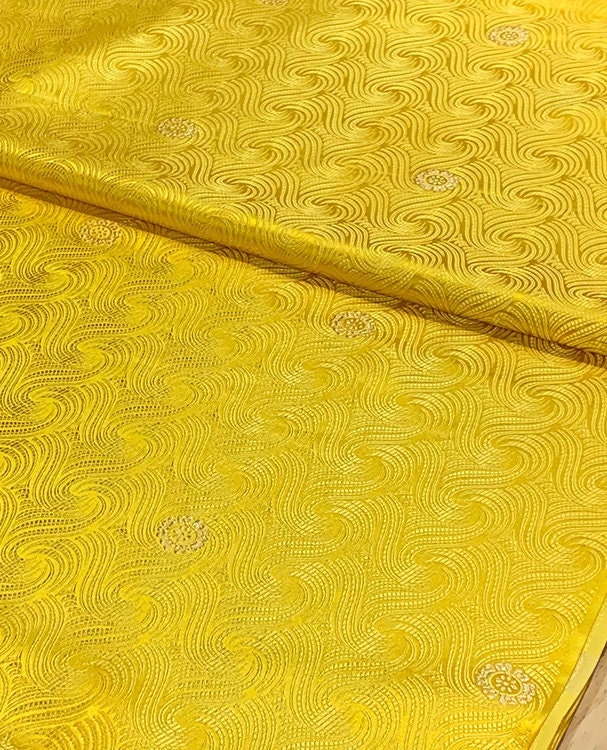 Gold Spiral Jacquard Brocade Fabric: Shiny Silk Rayon Blend, 29.5" Wide