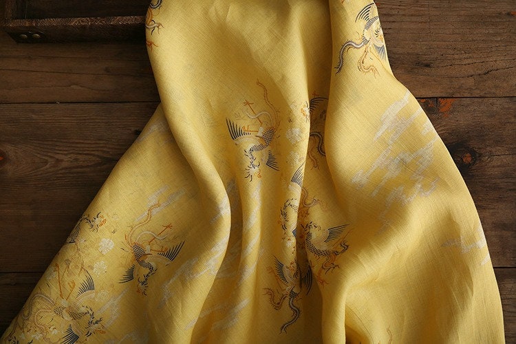 Yellow Dragon Phoenix Print Ramie Fabric: 57" Wide