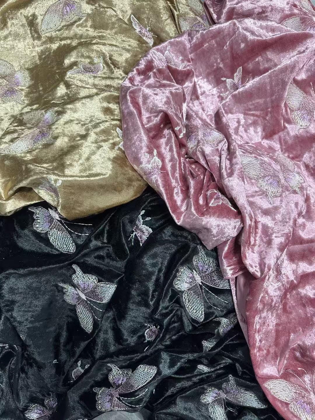 Embroidered Velvet Fabric: 43" Beaded Pillar Design, Designer Sewing Material