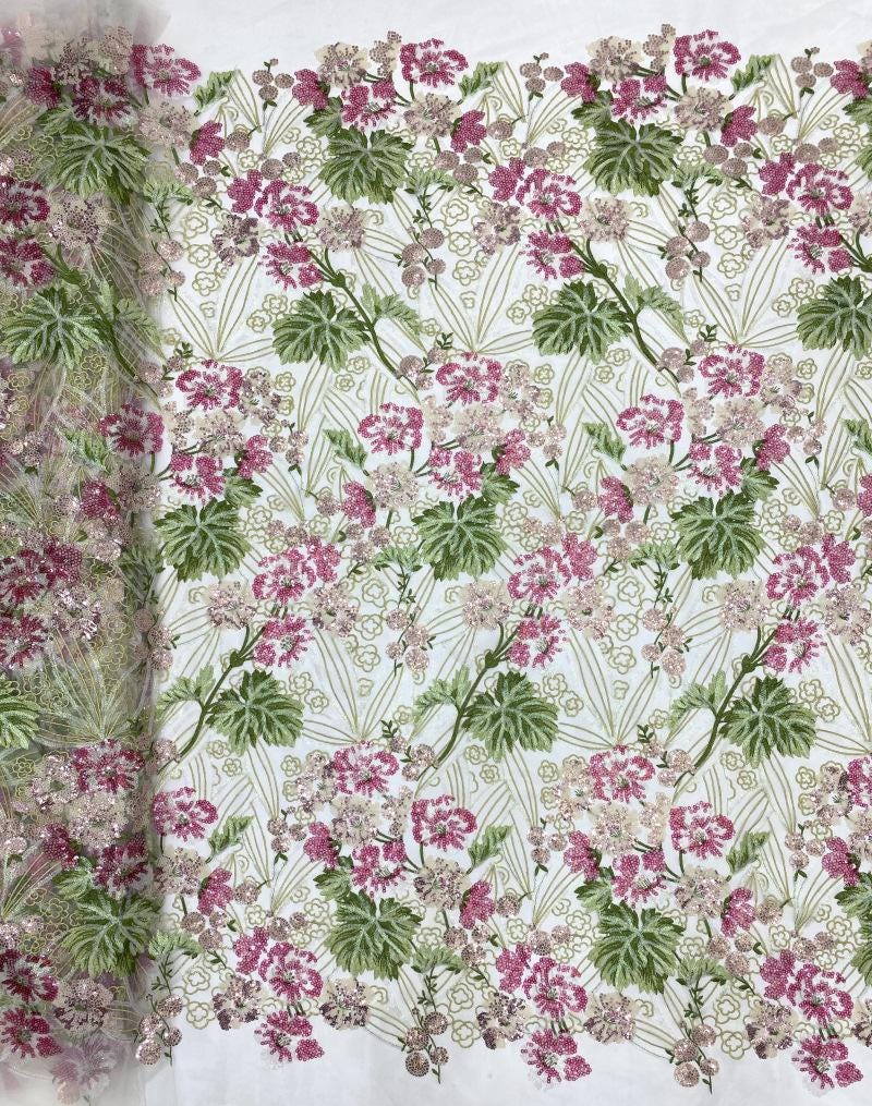 Peony Sequin Embroidery Fabric: Colorful Floral Dress Material (50"W)