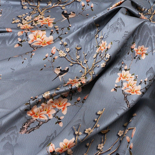 Floral Bird Print Satin Fabric: Gambiered Canton Gauze, 58" Wide - Poppylollipop