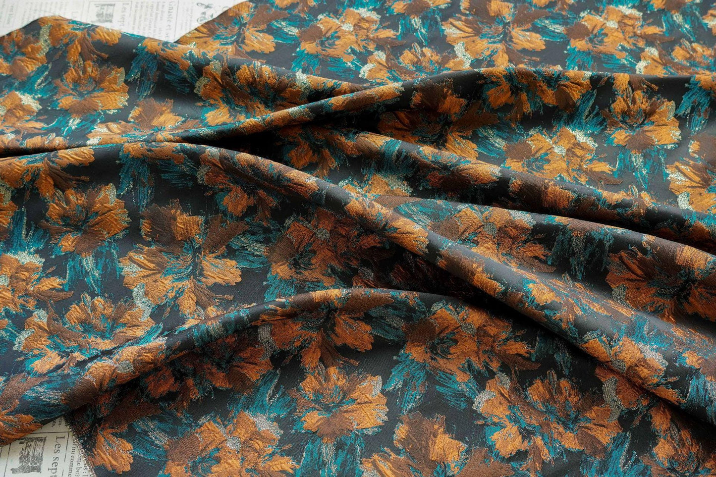 Floral Jacquard Fabric | 3D Embossed Gold Thread, 61" Wide
