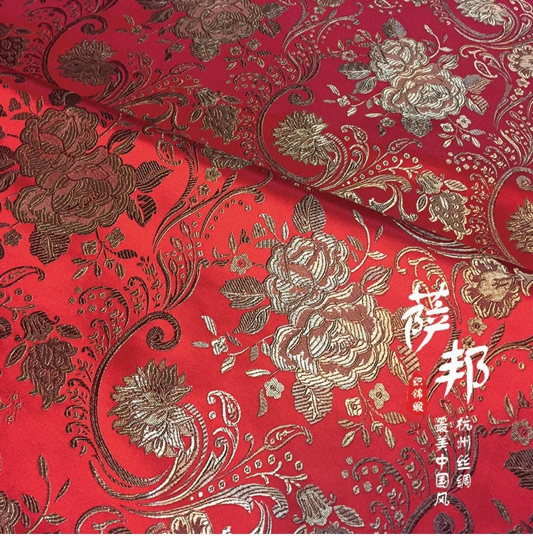 Tissu brocart pivoine européen vintage : Cheongsam Qipao en soie et rayonne
