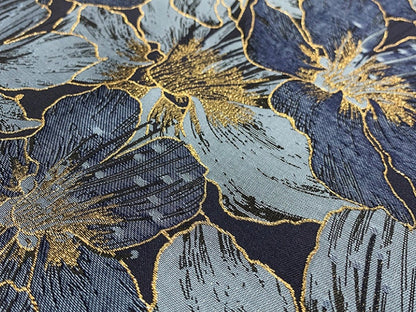 Gold Thread Jacquard Fabric: Blue Floral 3D Texture, 63" Wide