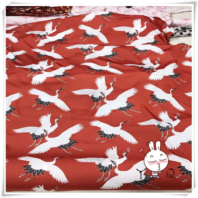 Japanese Crane Print Fabric: Polyester Kimono Dress Fabric - 1 Meter