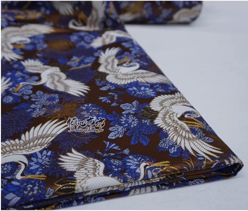 Crane Jacquard Satin Fabric: Japanese Brocade, Silver Grey, 29.5"W