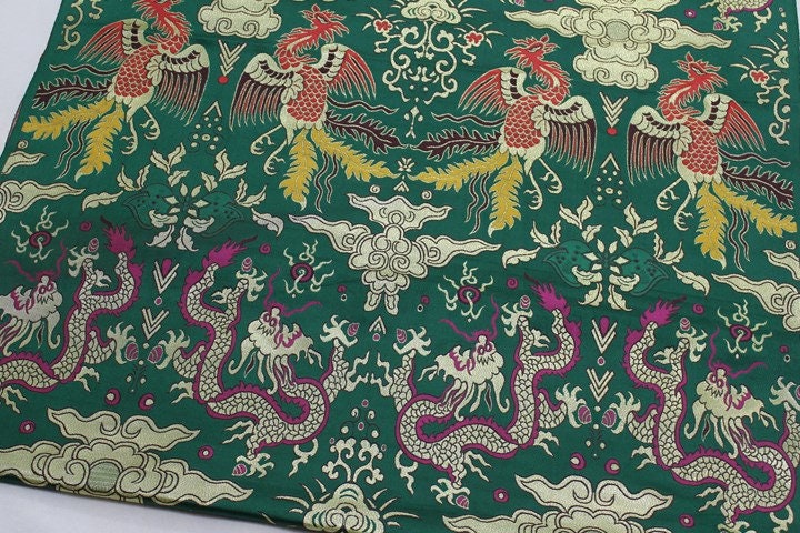 Dragon & Phoenix Brocade Fabric: Red Silk Blend, 29"W