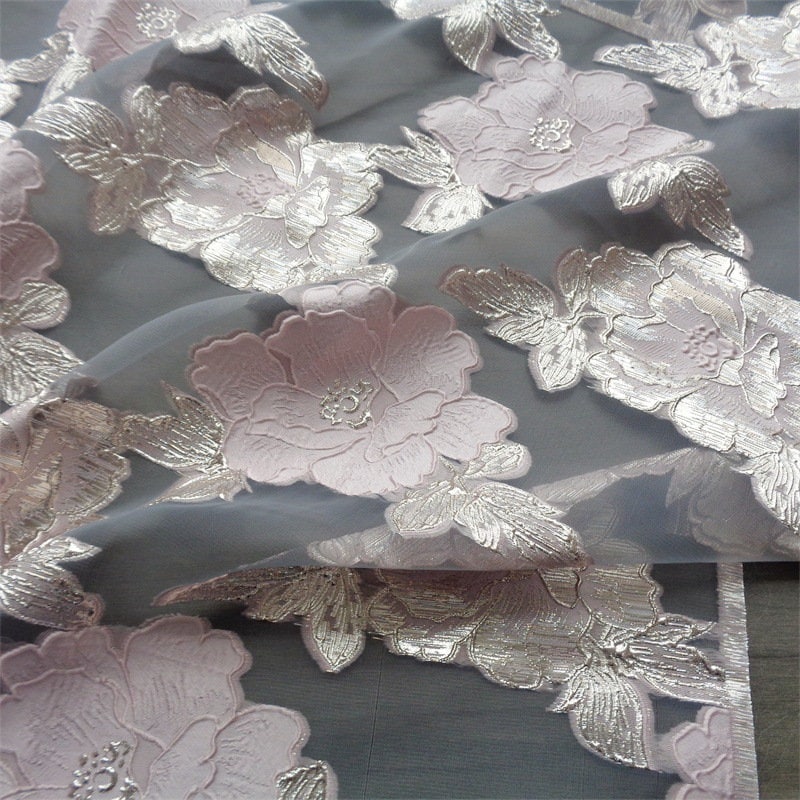 Blue & Gold Floral Jacquard Organza Fabric - 56"W