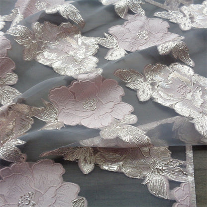 Blue & Gold Floral Jacquard Organza Fabric - 56"W