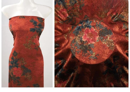 Tissu satiné imprimé à motifs floraux : mélange de rayonne style vintage, 150 cm de large