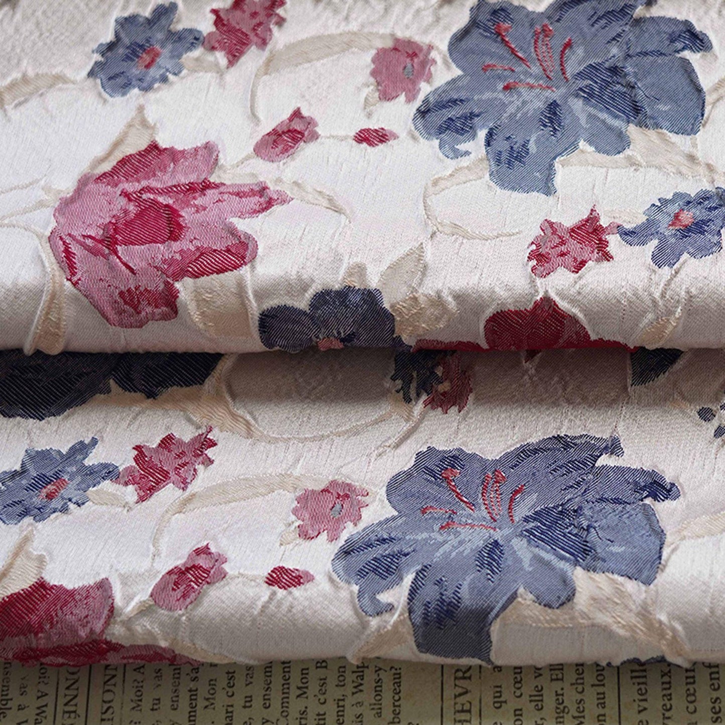 Reversible Jacquard Woven Fabric: Blue Red Embossed Flower, 60" Wide