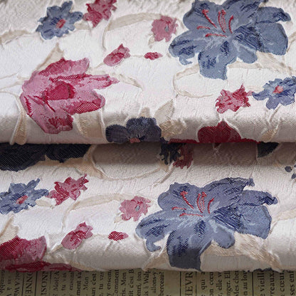 Reversible Jacquard Woven Fabric: Blue Red Embossed Flower, 60" Wide