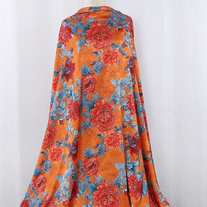 Blooming Tea Satin Silk Fabric: 59"W Floral Print Sewing Material