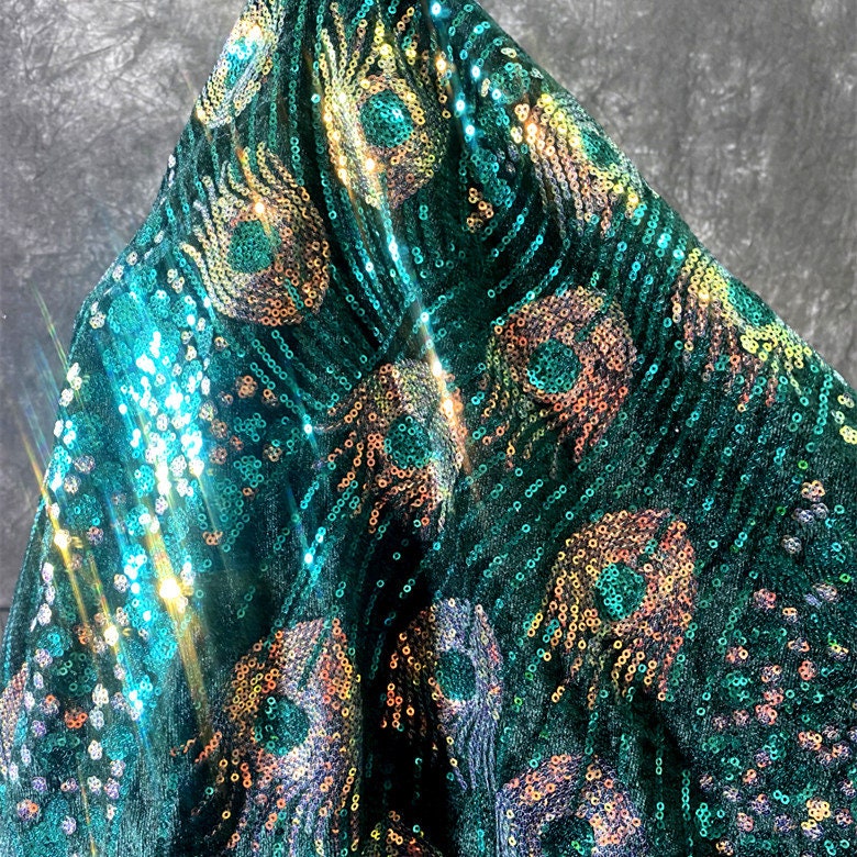 Laser Peacock Sequins Mesh Fabric, Colorful Designer Lace