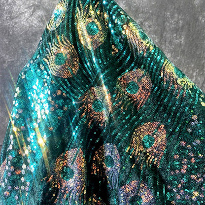 Laser Peacock Sequins Mesh Fabric, Colorful Designer Lace
