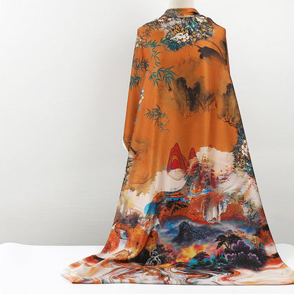 Ancient Painting Tea Silk Satin Fabric: Digital Print Upholstery, Costume, DIY - 59"W