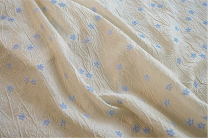 Embossed Beige Polyester Fabric, Blue Flowers, Upholstery & Costume, 56"W