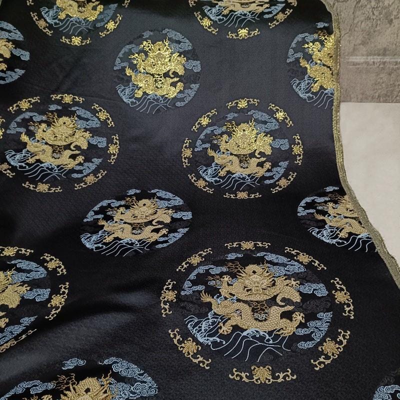 Dragon Brocade Fabric: Black & Gold Jacquard Blend, 55" Wide