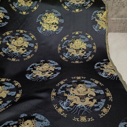 Dragon Brocade Fabric: Black & Gold Jacquard Blend, 55" Wide