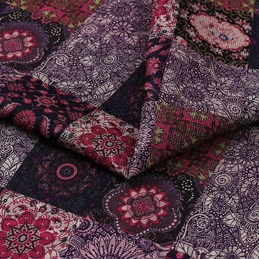 Tissu satin de soie couleur thé : imprimé numérique à motifs patchwork de 150 cm de large