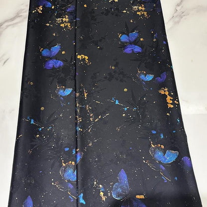 Teal & Black Floral Mulberry Silk Fabric: 55"W Digital Print