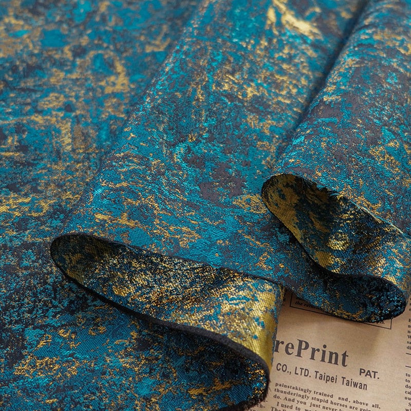 Tissu jacquard bleu paon galaxie : ameublement, costumes, décoration - 160 cm de large