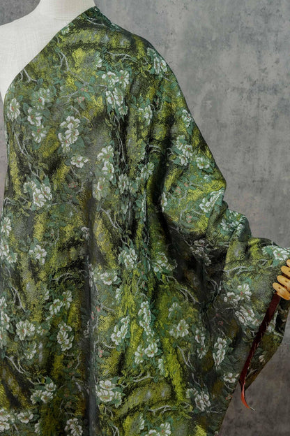 Tissu jacquard à motif floral en relief : Coloris bleu sarcelle et vert champêtres (largeur : 63 pouces)